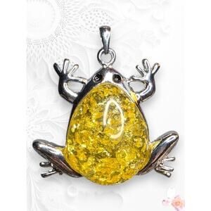 Silver Frog Pendant Yellow Large Stone Statement Necklace 456